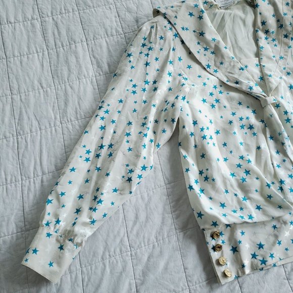 Vtg 80s/90s Womens 8 Star Pattern Silk Blouse Long Sleeve Collared Layered. - Picture 3 of 10